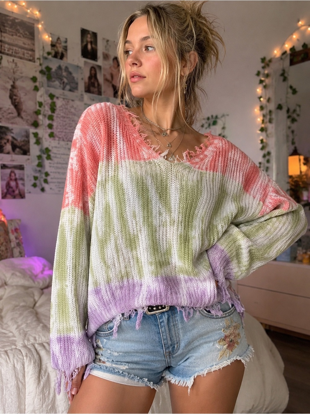 Pastel Grunge Distressed Tie Dye Sweater Fairycore Indie Oversized